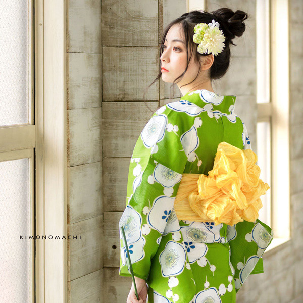 KIMONOMACHI 浴衣 レディース 浴衣と帯の2点セット 「浴衣 緑色 梅＋
