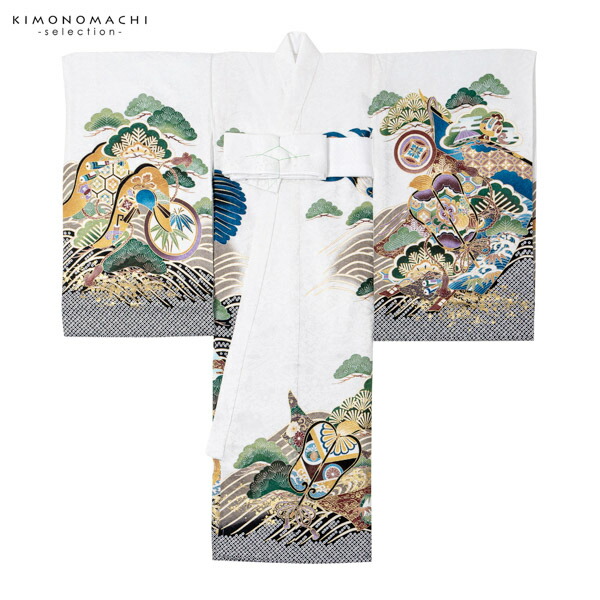 男の子のお宮参り産着 祝い着「白地 鷹、束ね熨斗に鼓」正絹 日本製