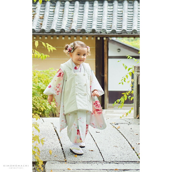 七五三 着物 3歳 女の子 被布セット KOHARU 「白、白緑色 牡丹に桜」三