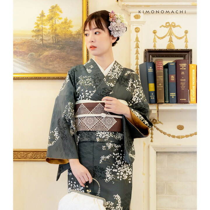 KIMONOMACHI 洗える着物 セット「袷着物：かすみ草に青海波墨色＋京