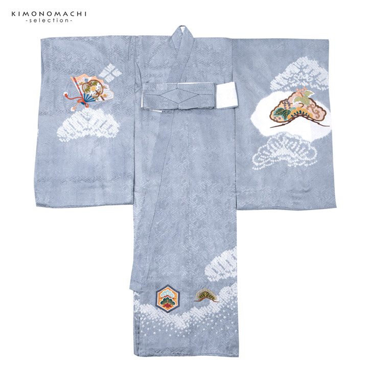 男の子のお宮参り産着 祝い着「青灰色 刺繍の鷹に松」正絹 熨斗目 の