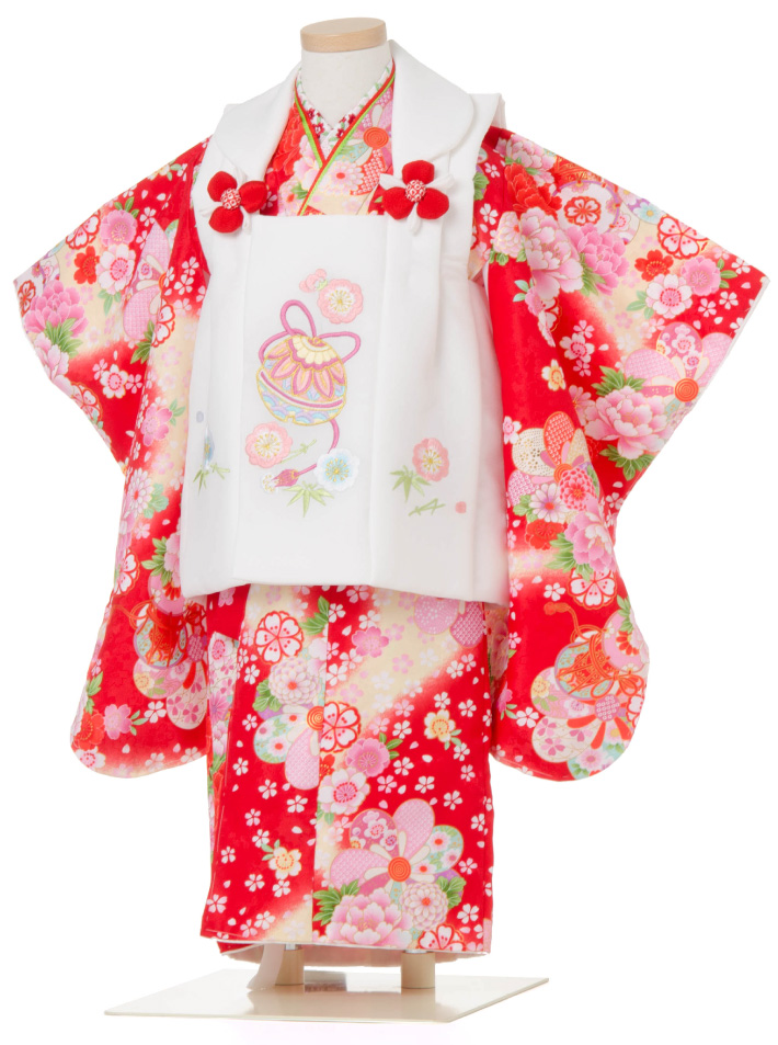 七五三 着物 3歳 被布セット 女の子 京都花ひめ 鈴1 赤色の着物 白色の