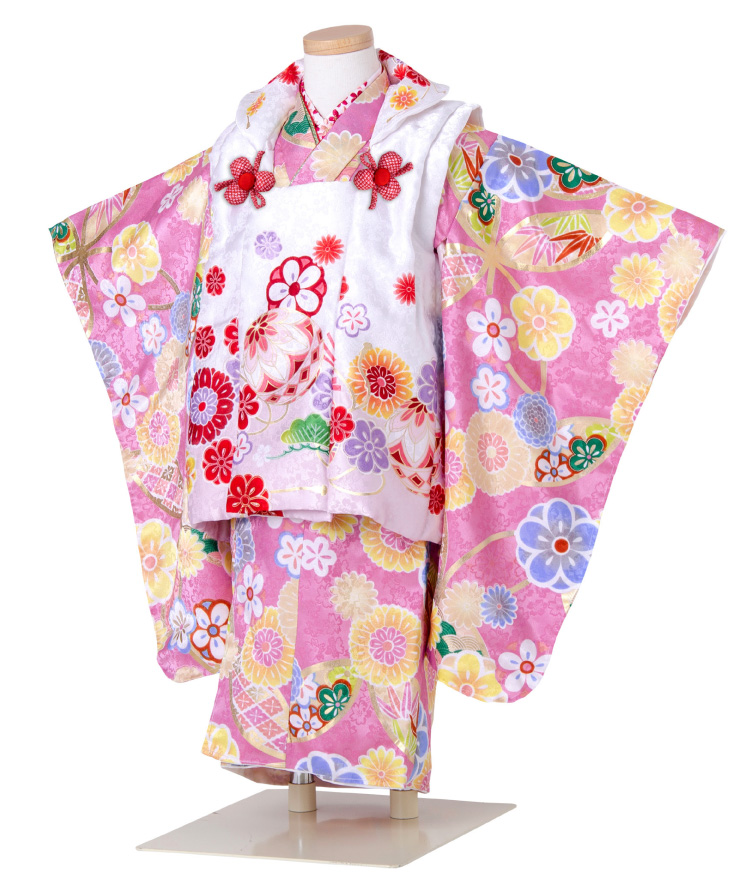 七五三 着物 3歳 被布セット 女の子 赤 レッド PK-01 ピンクの着物 白