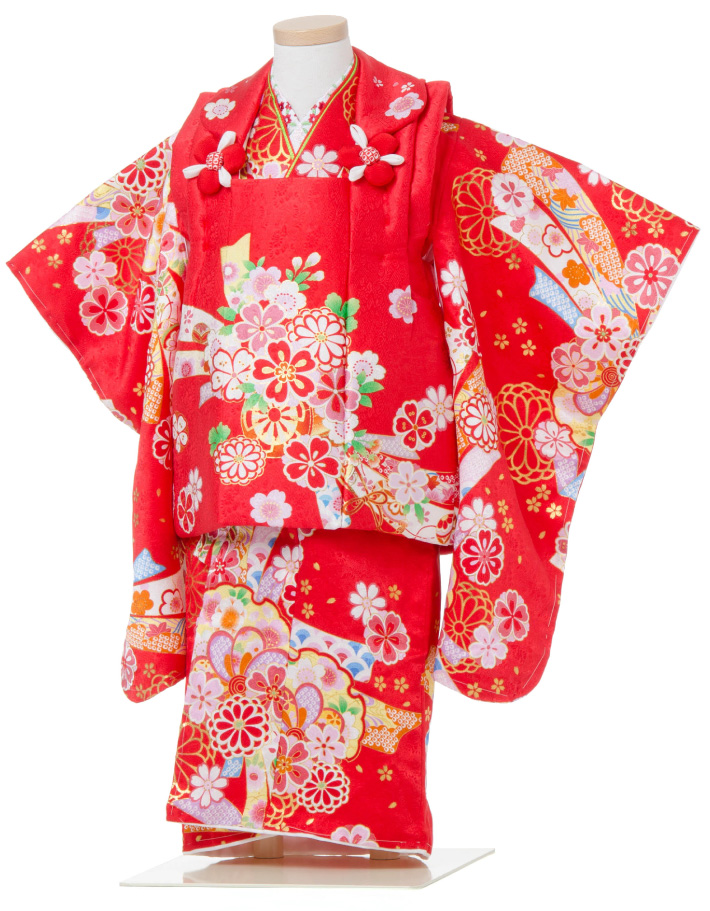 七五三 着物 3歳 被布セット 正絹 女の子 京都花ひめ 花車1 赤色の着物