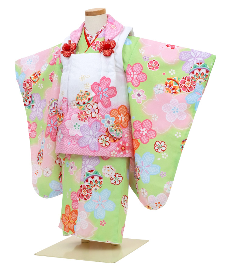 七五三 着物 3歳 被布セット 夢想 緑 グリーン フルセット 毬 桜 花柄
