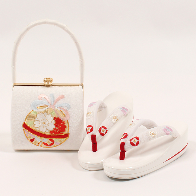 七五三 7歳 草履 バッグ セット 刺繍 正絹 ちりめん 白 鈴文 刺繍鼻緒