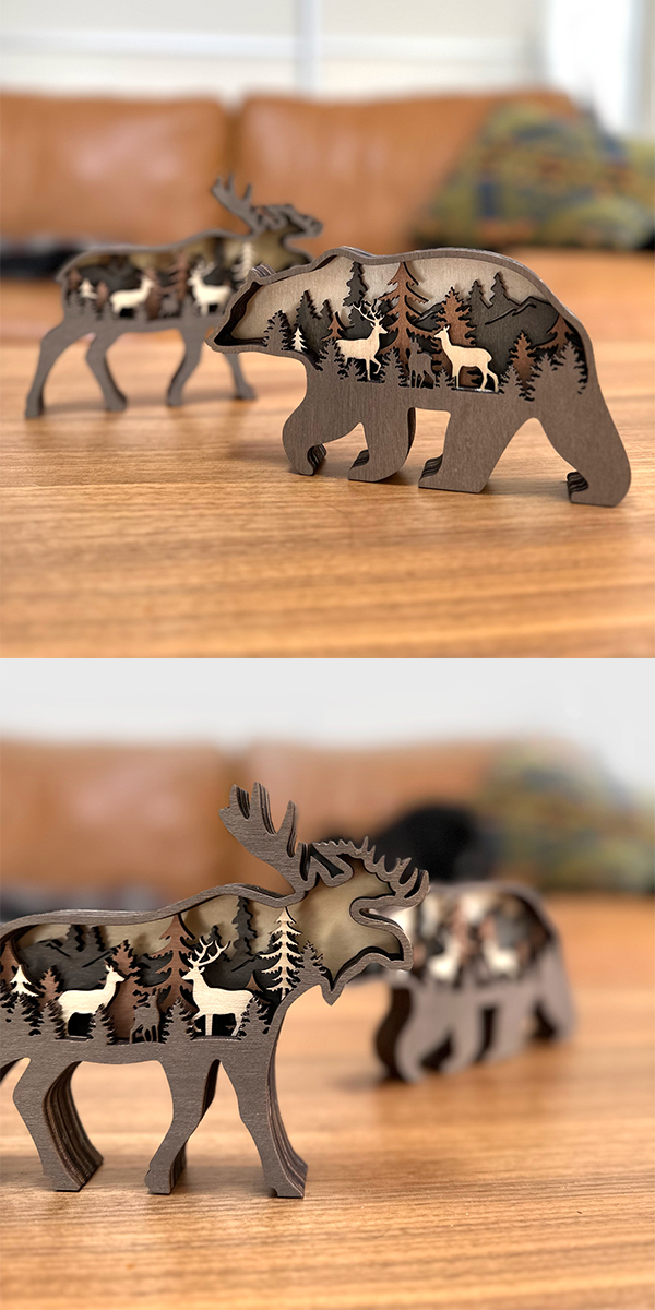木製 動物の置物 多層彫り クマの置物 鹿 シカ 木彫りの熊 熊の置物