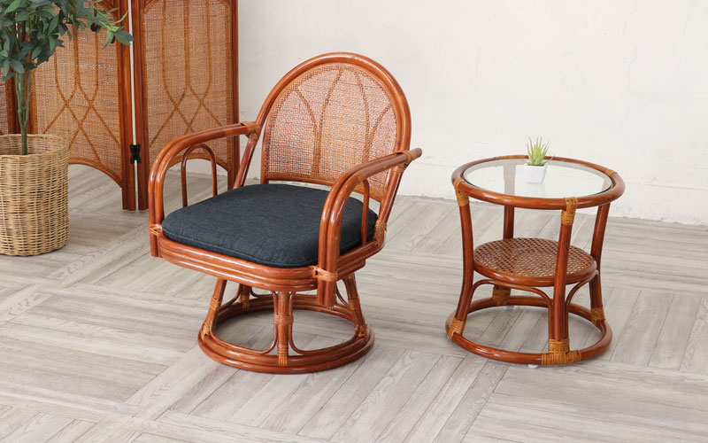 籐の椅子 回転チェア 座面高33cm パーソナルチェア ネイビー C611HR5