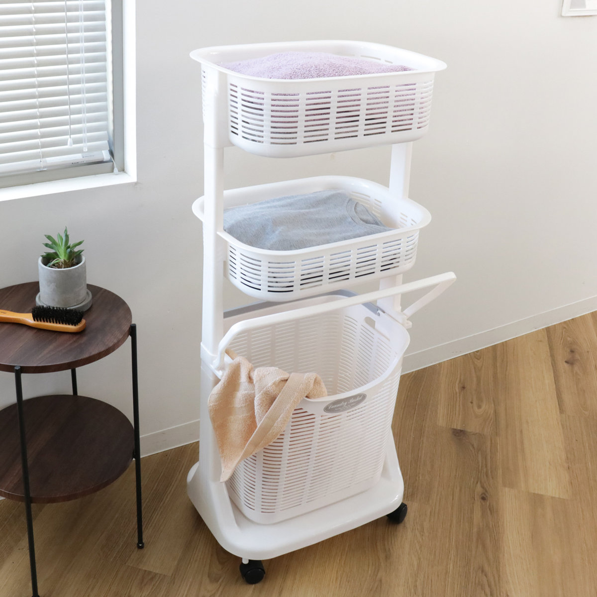 サンコープラスチック ランドリーバスケット バスマット干し付き 3段