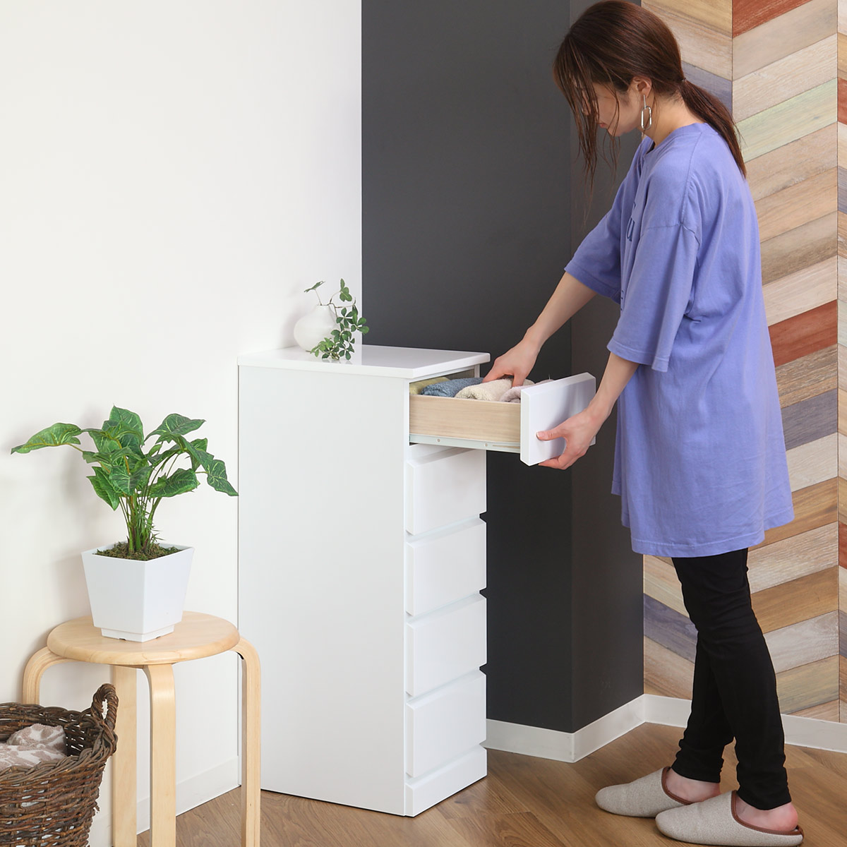 クロシオ スリムチェスト 5段 鏡面仕上げ 幅30cm （ 収納 チェスト