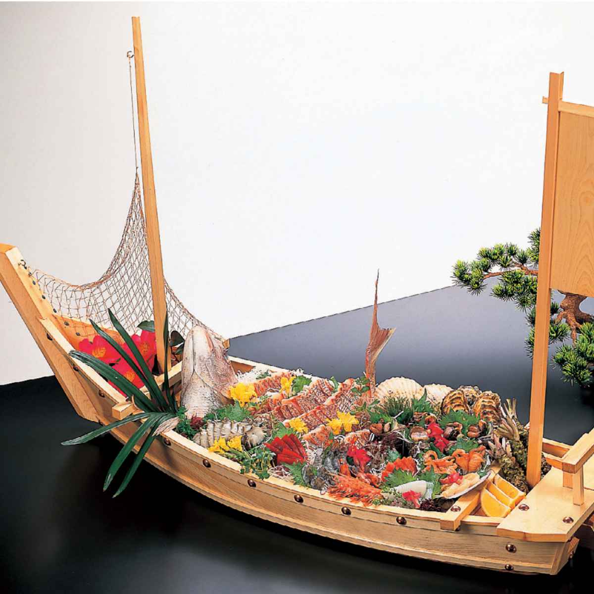 福井クラフト 盛器 木製 2.5尺 日本海丸 網付き 舟形 皿 食器 刺身 お