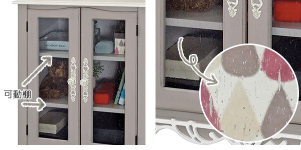 キャビネット ガラス扉 フレンチシャビー Belle 幅55cm （ 本棚 収納棚