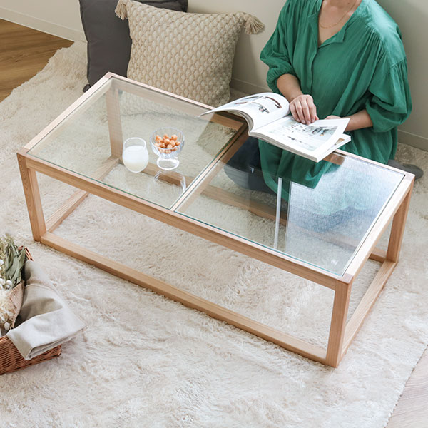 東谷 センターテーブル 幅110cm ガラステーブル ガラス天板 木製 天然