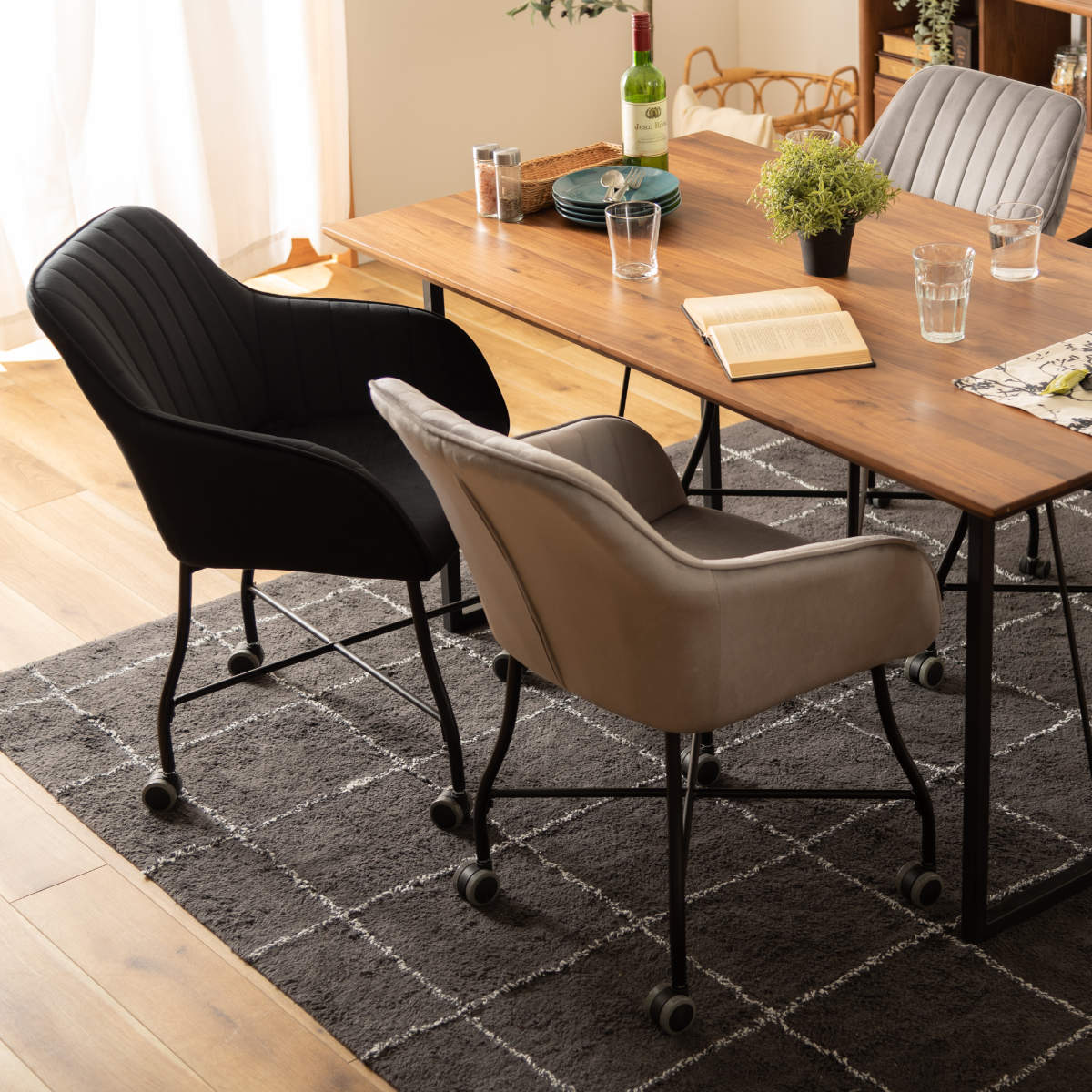 東谷 チェア 2脚セット 座面高46cm キャスター付き ベロア 肘掛け