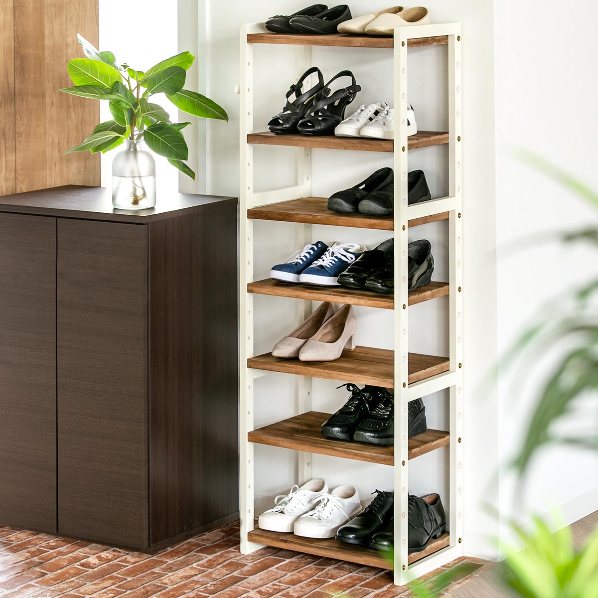 HAGiHARA（萩原） シューズラック 6段 木製 オープンラック 幅45cm