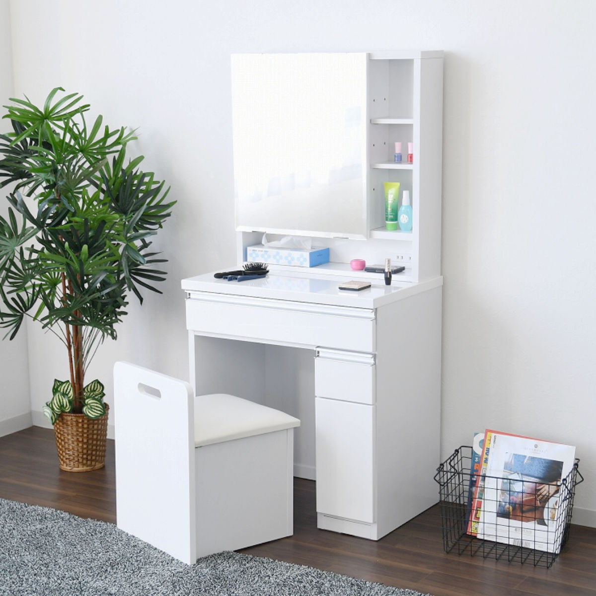 ドレッサー 幅65cm 鏡台 一面鏡 ローズ （ スツール付き コンセント