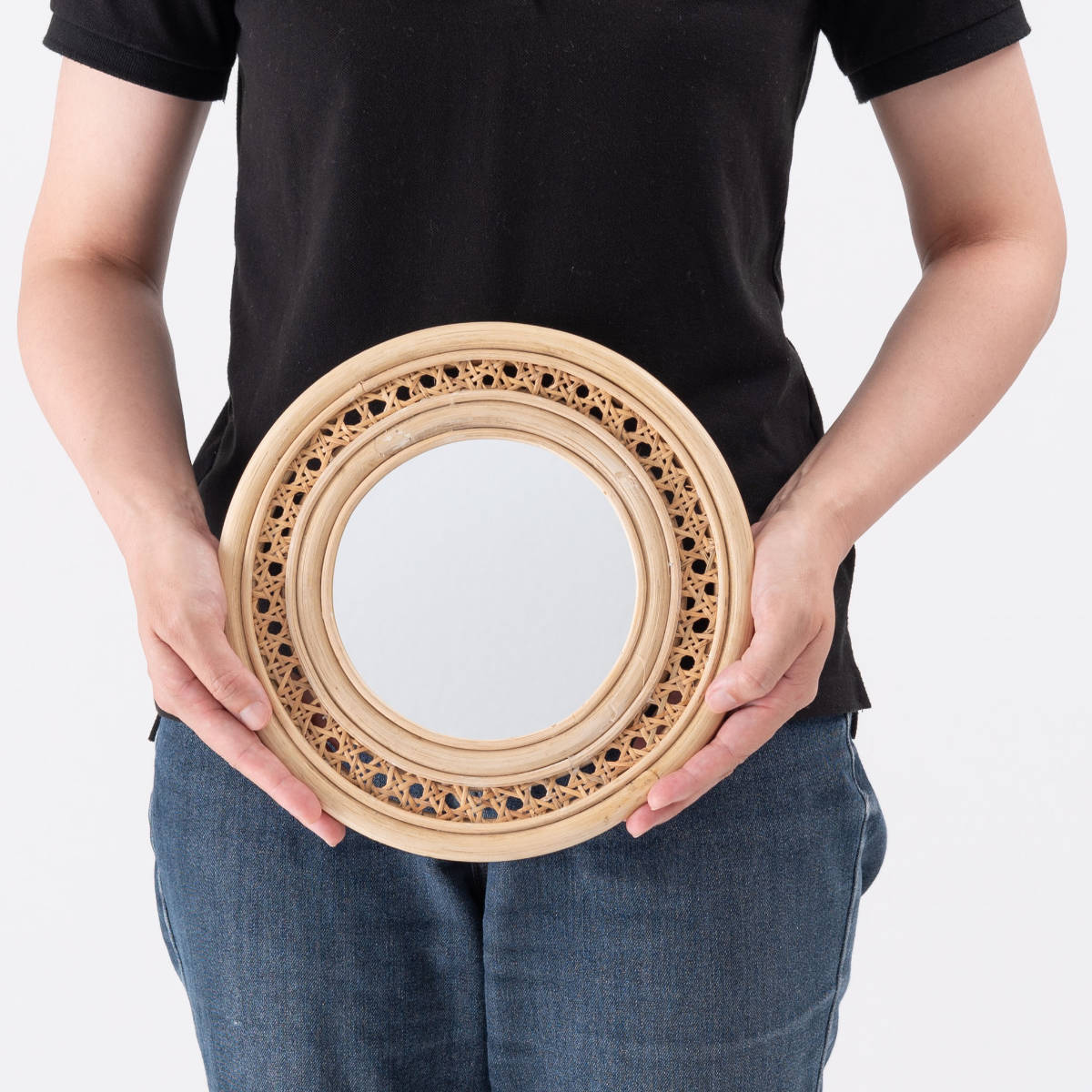 東谷 ウォールミラー ラタン スタンド付 27×24cm （ ミラー 壁掛け