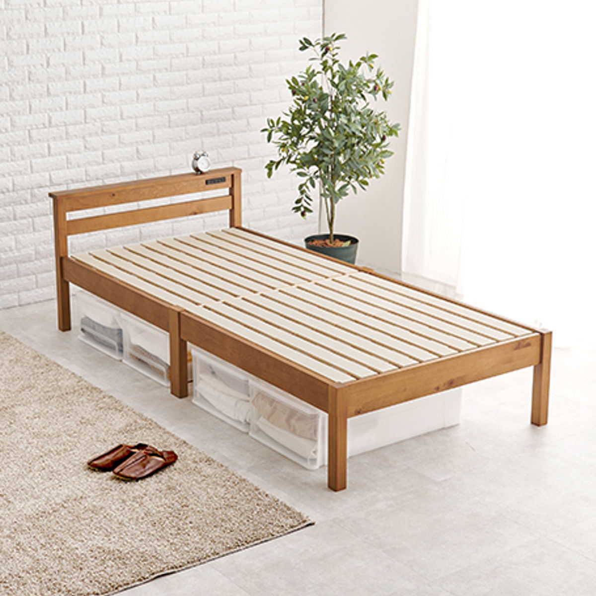 HAGiHARA（萩原） すのこベッド シングル 簡単組立 宮棚 2口コンセント