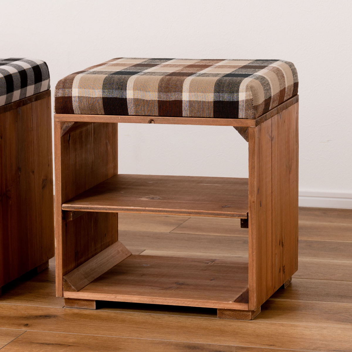 東谷 スツール 木製 収納付 ラックスツール タータンチェック （ 玄関