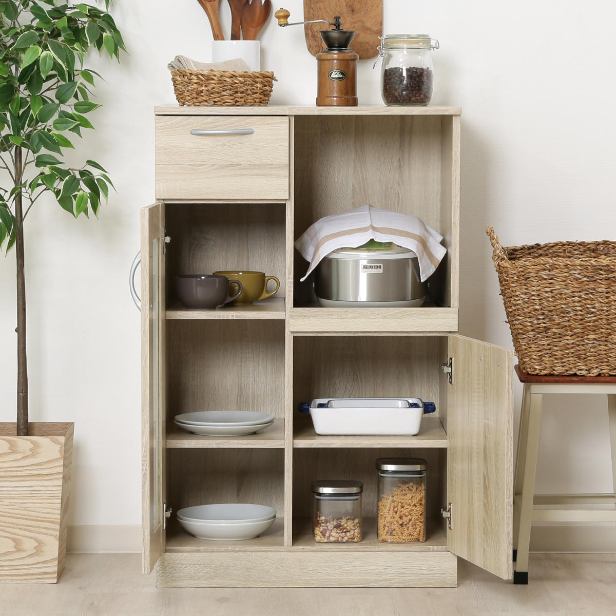 不二貿易（Fuji Boeki） コンパクト 食器棚 幅60cm 木目調 1人暮らし