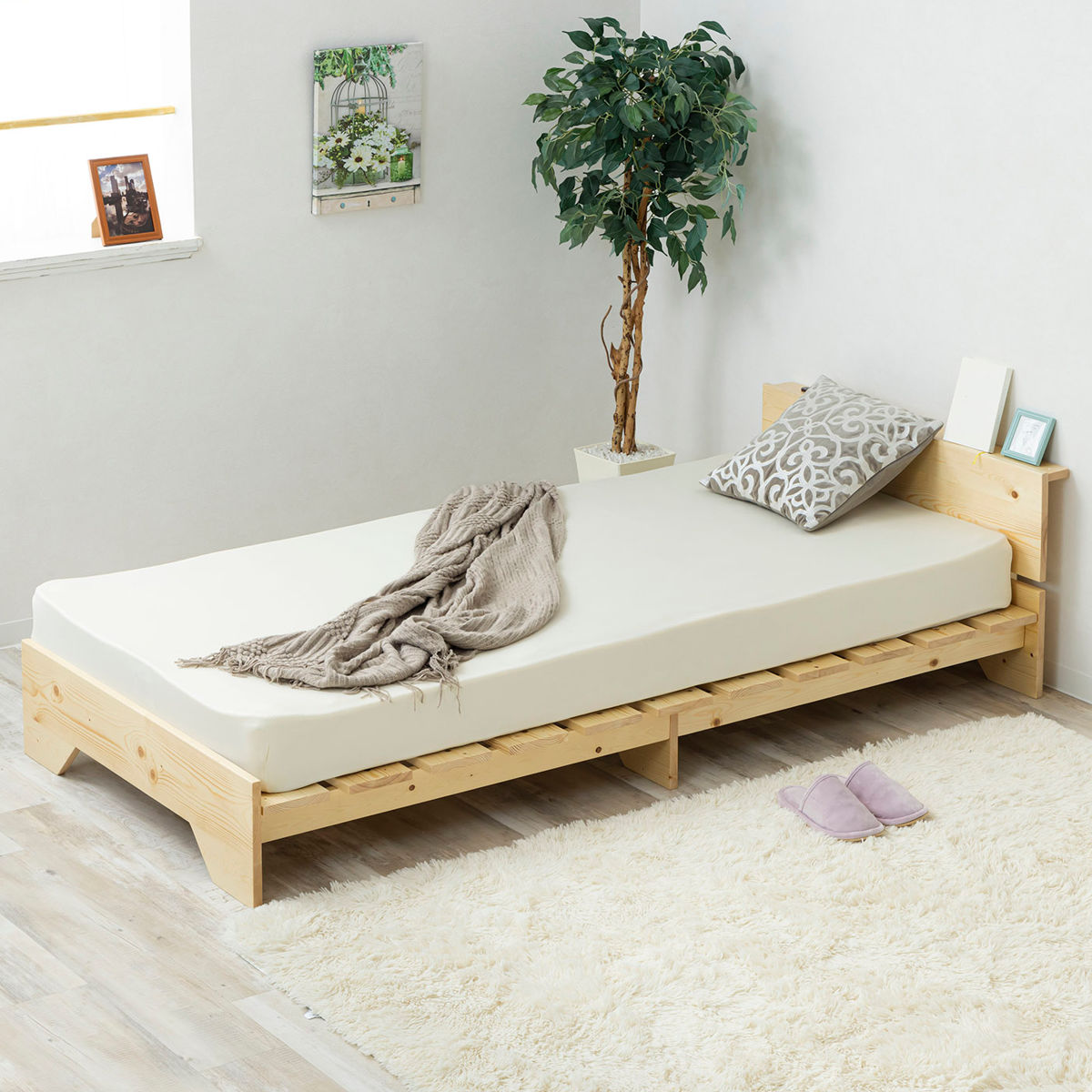 サン・ハーベスト ベッド シングル 宮棚付き ステージタイプ 天然木