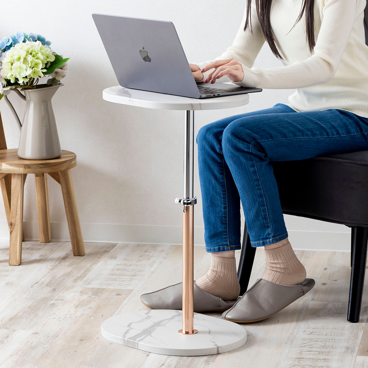 サイドテーブル 昇降式 高さ41.5〜64.5cm （ 高さ調節 大理石調 ピンク