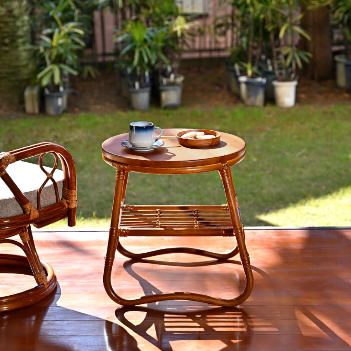 サイドテーブル ラタン 直径45cm ラウンド 天然木 WAHOO （ ラタン