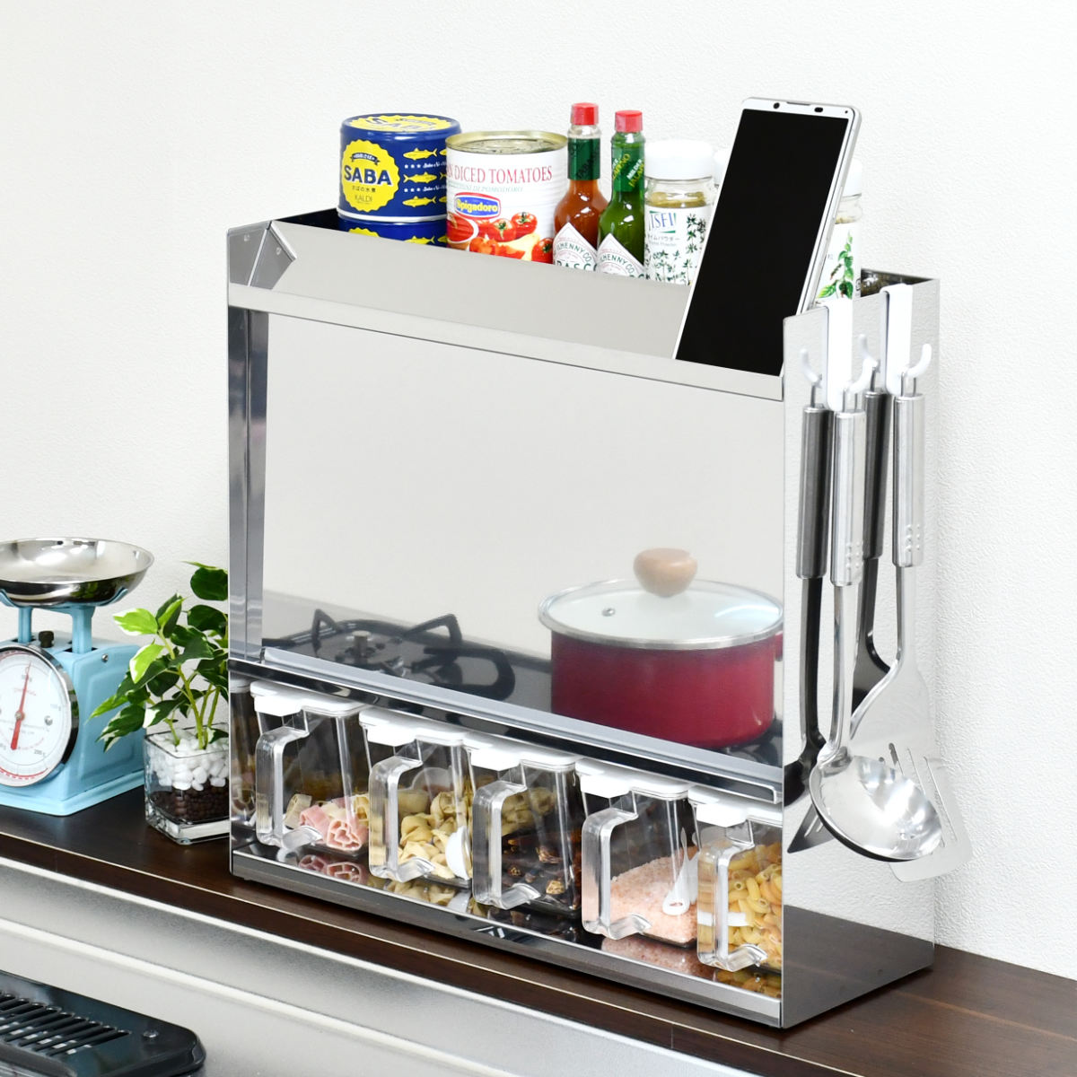 調味料ラック フラップ扉のステンレススパイスラック 調味料ポット 5個