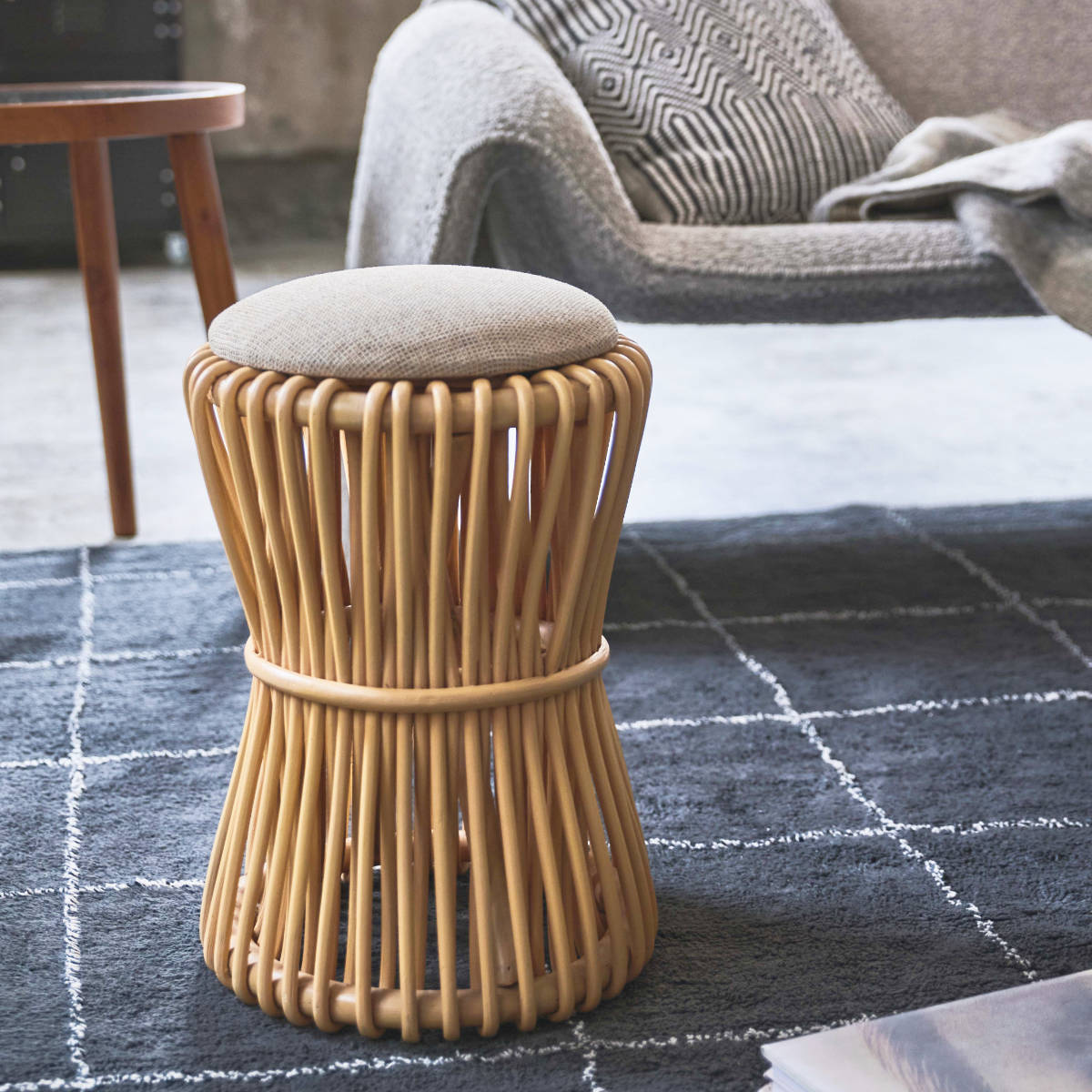 東谷 籐 ラウンドスツール 座面高40cm 鼓型 天然木 （ スツール 籐家具