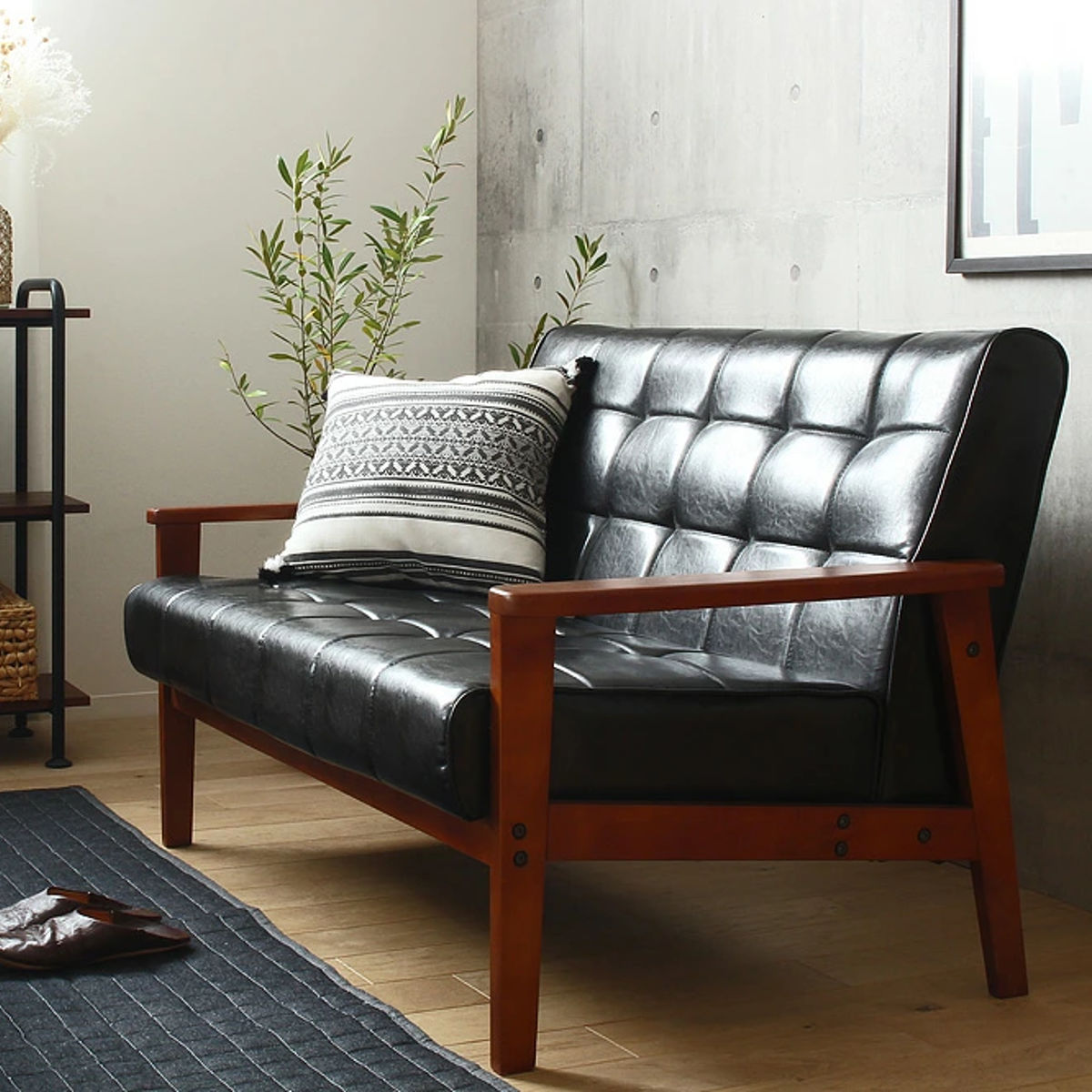 岩附 ソファ 椅子 レトロモダン調 木製フレーム 二人掛け用 合皮製