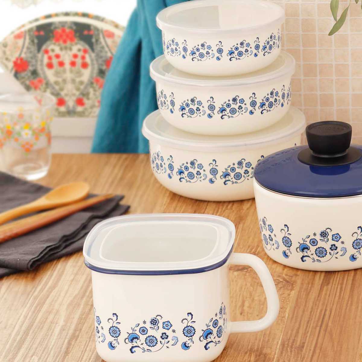 富士ホーロー 保存容器 1.5L メモリーズ 角型みそポット ブルー