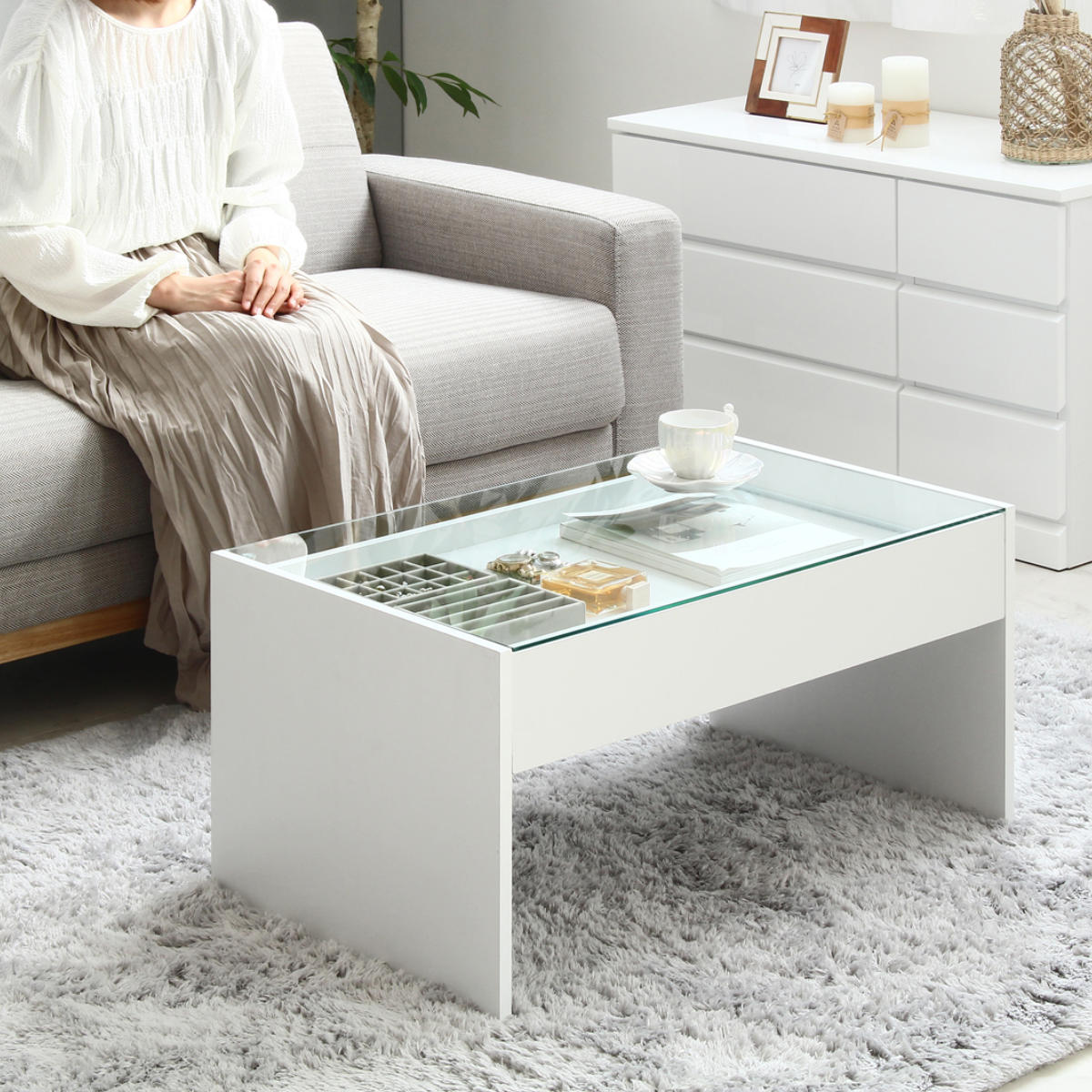 岩附 ガラステーブル 幅74cm 引き出し ディスプレイ （ テーブル