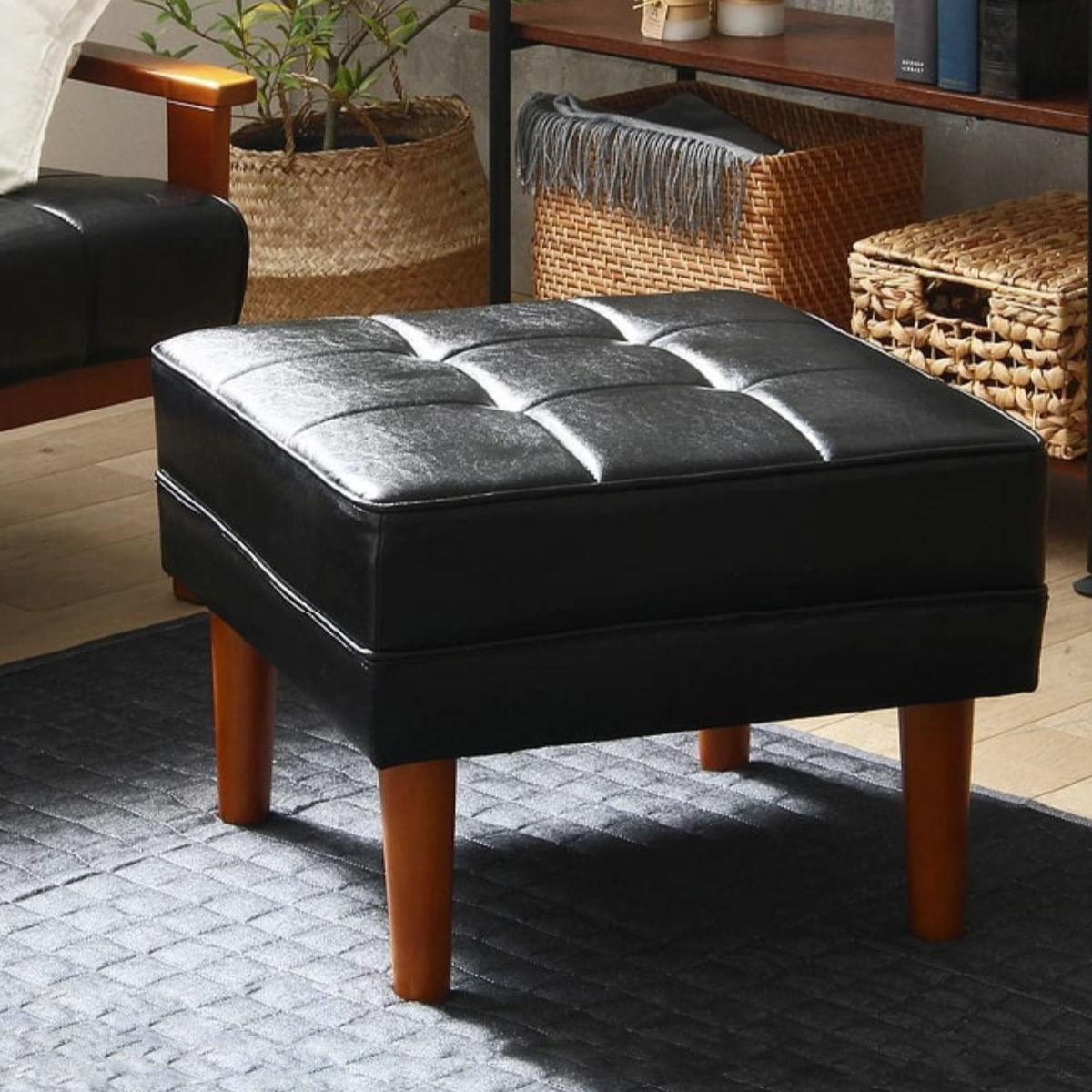 岩附 オットマン 高さ40cm レザー調 木製 （ チェア スツール 1人掛け