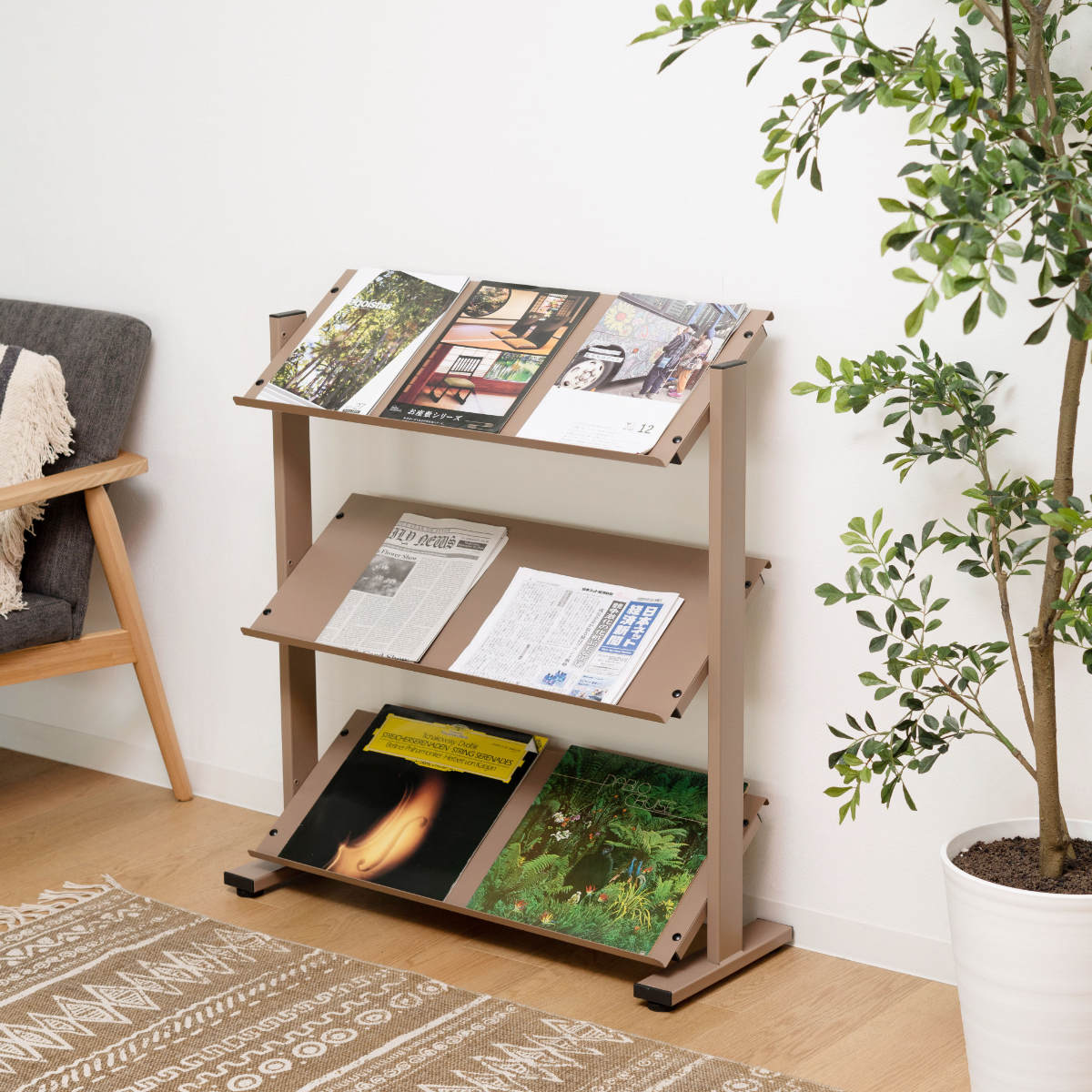 東谷 マガジンラック 3段 棚板角度調整 シェルフ スチール製 約幅