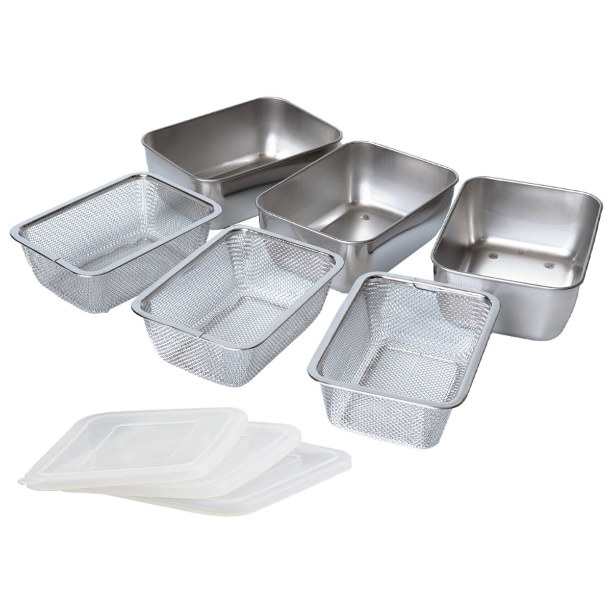 下村企販 角型バット&ザル9個セット シリコンフタ付き ステンレス製