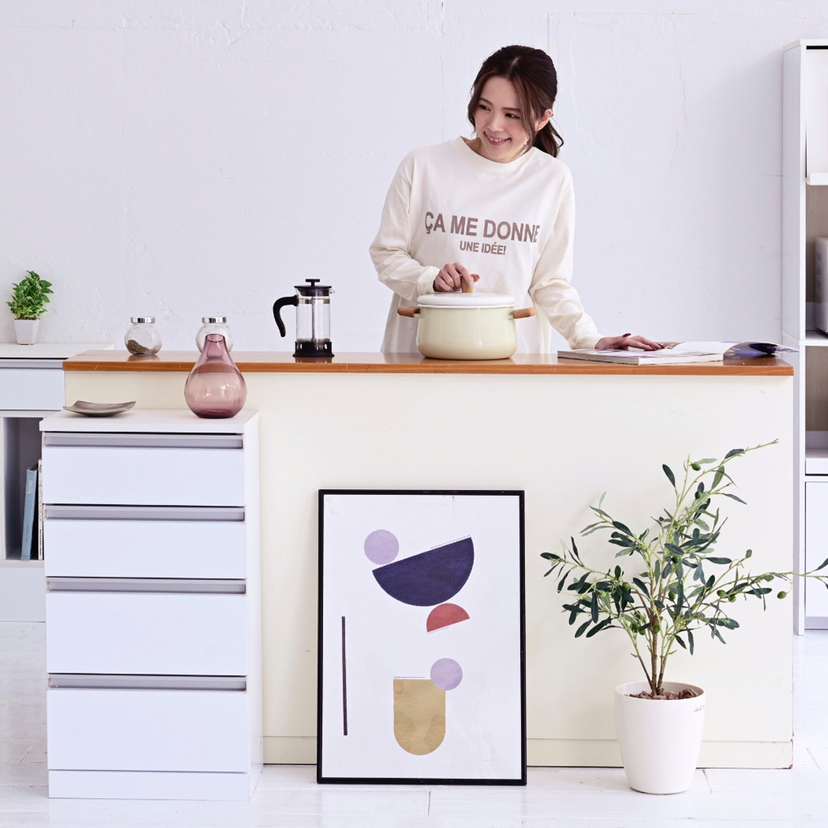 カウンター下収納 チェスト 4段 鏡面前板 幅40cm （ カウンター下 収納