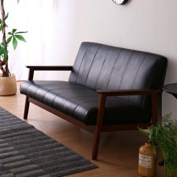 ソファ 幅128cm 二人掛け 2人用 レザー調 ひじ掛け 木製 合成皮革