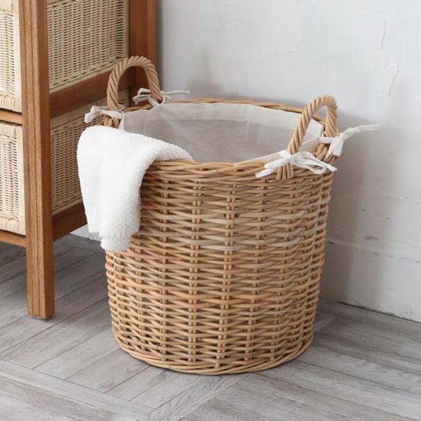 籐 バスケット 円型 持ち手付き 内布付 ラタン製 かご 約直径42cm