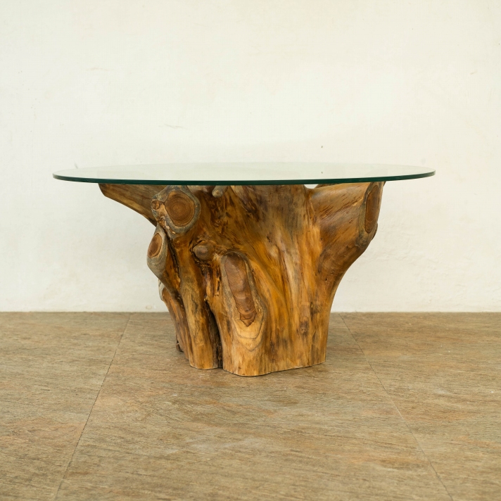 チーク無垢材 原木ローテーブル 切り株テーブル 無垢 木の根 ガラス天