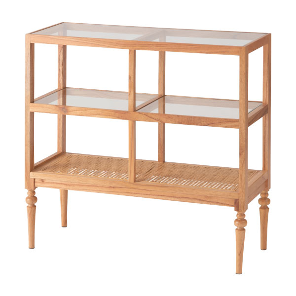 東谷 オープンシェルフ 三段 木製 ガラス クリア ラタン 籐 ワイド