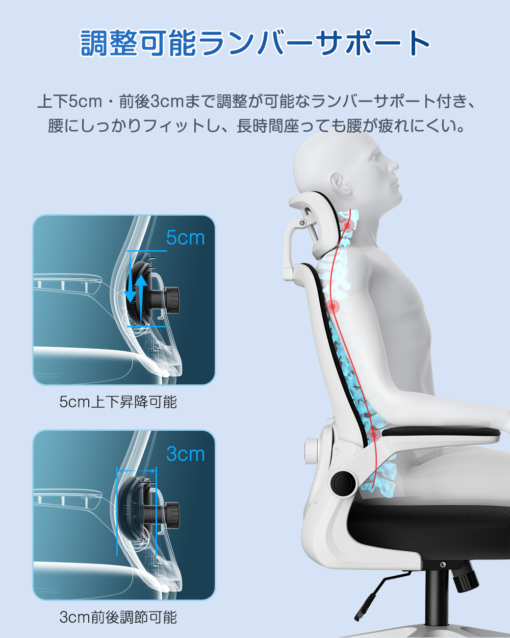 2Dヘッドレスト 腰サポート] オフィスチェア デスクチェア 人間工学