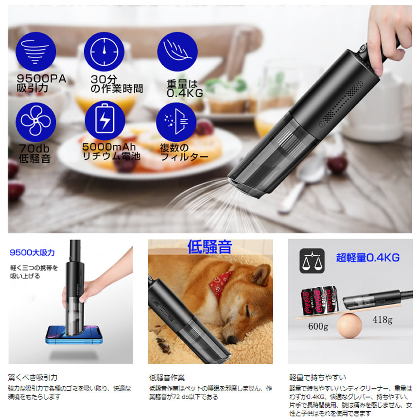 ハンディクリーナー コードレス 強力 車 USB 充電式 車用掃除機