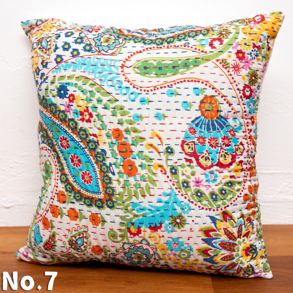 クッションカバー コットン，刺繍 カンタ ウッドブロック : インド