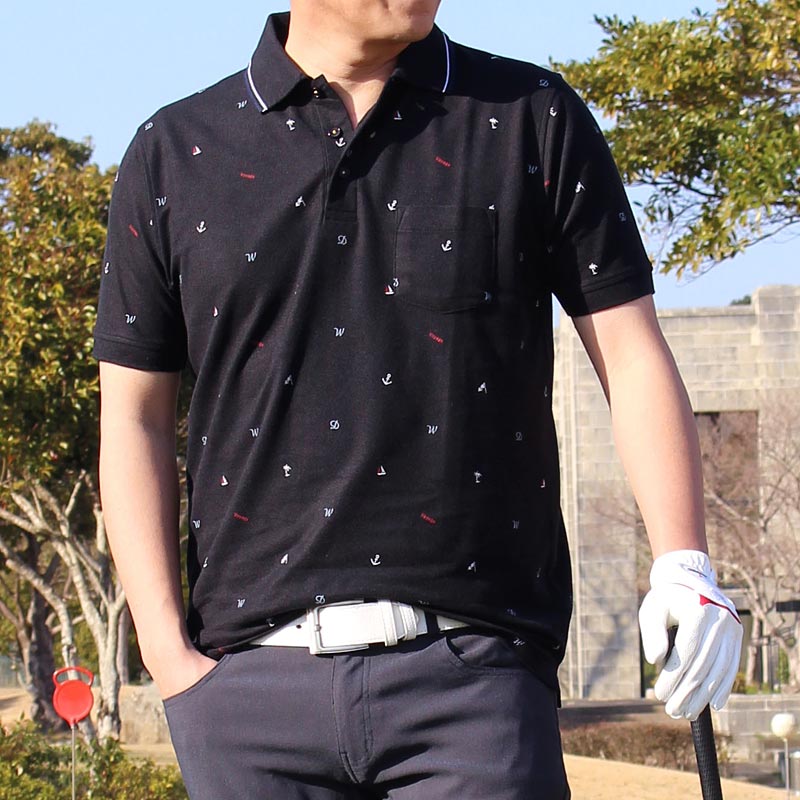 ポロシャツ ゴルフ メンズ ゴルフウェア マリン柄 ロゴ総柄 速乾ドライ