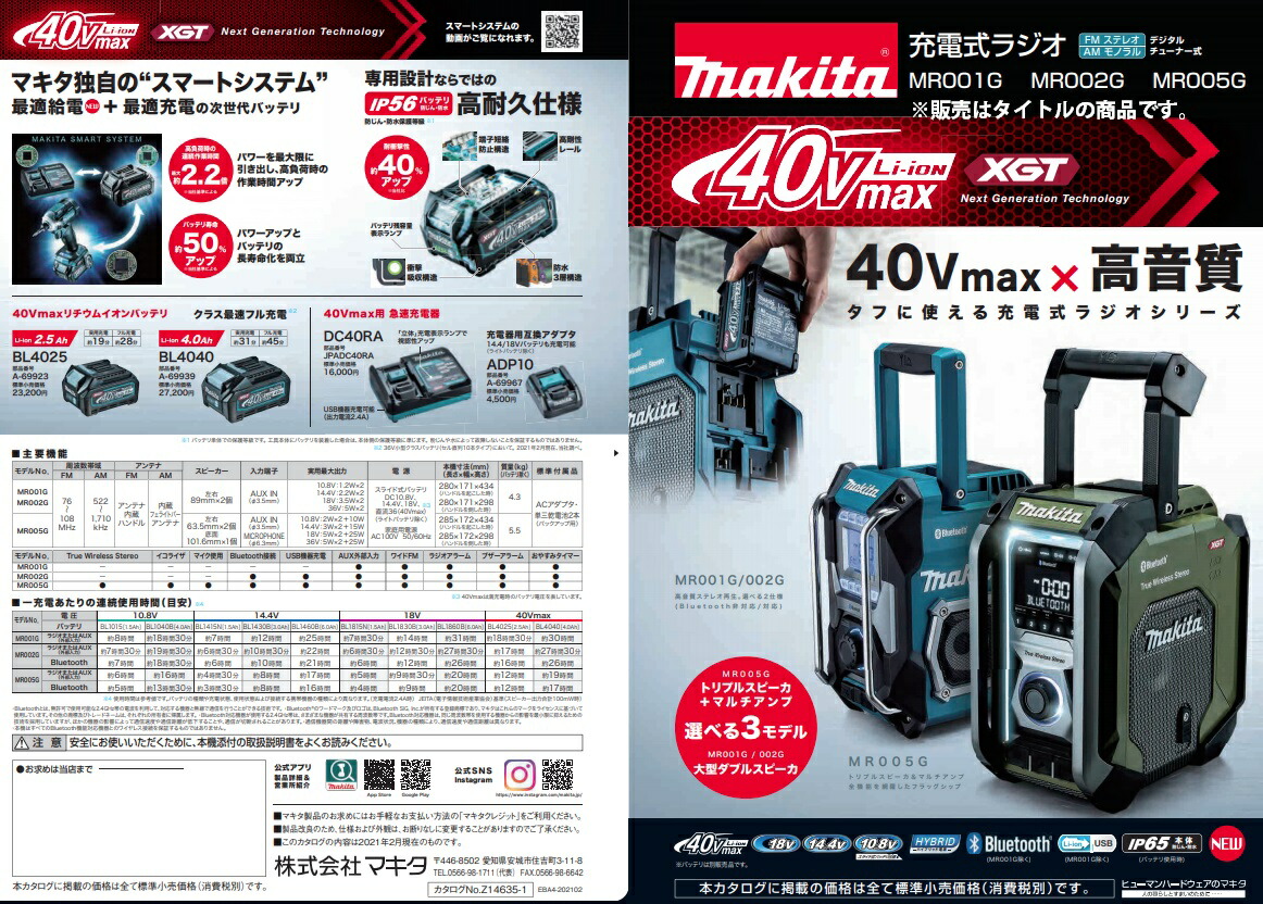 マキタ（makita） 充電式ラジオ MR005GZ(青)+バッテリBL1040Bx2個+充電