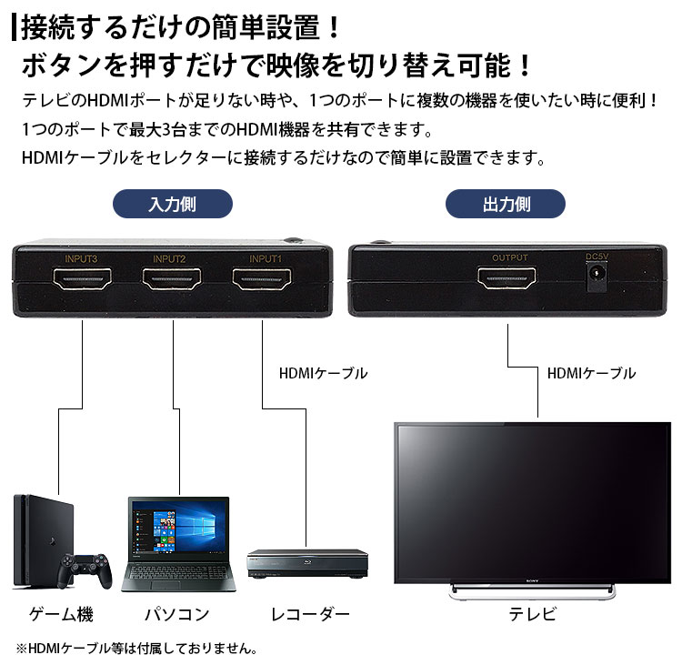 HDMI セレクター 3入力1出力 切替器 4K対応 リモコン付き 手動切替
