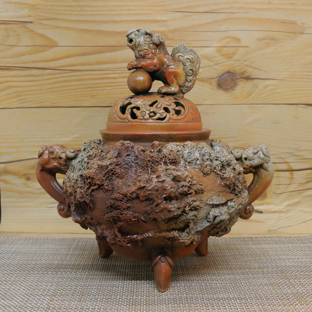 香炉 有田焼 伊万里焼 道園窯（古賀純次作）山水彫香炉 木箱付 置物