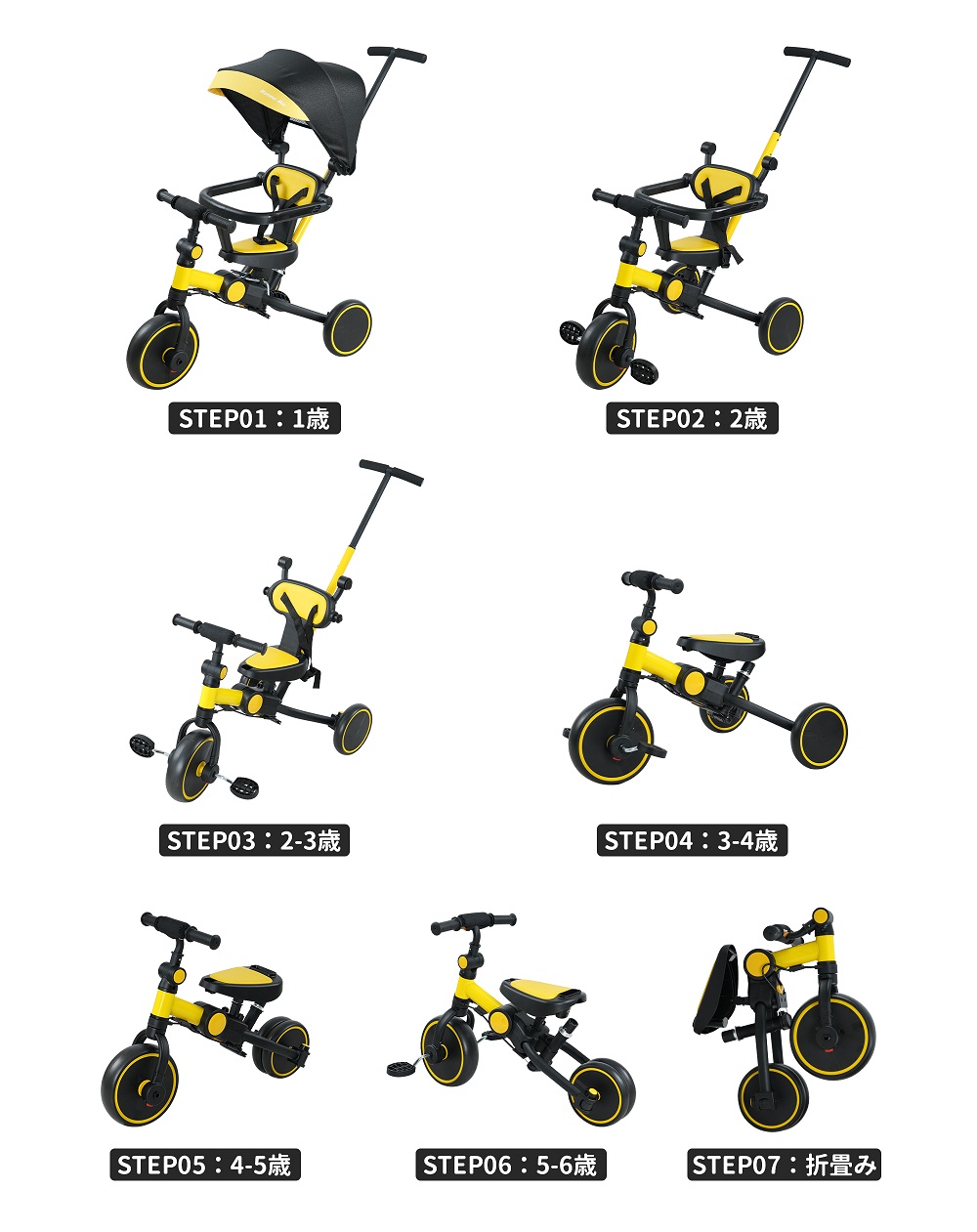 HZDMJ 三輪車 手押し 1歳 7in1 折りたたみ 手押し棒付き コンパクト