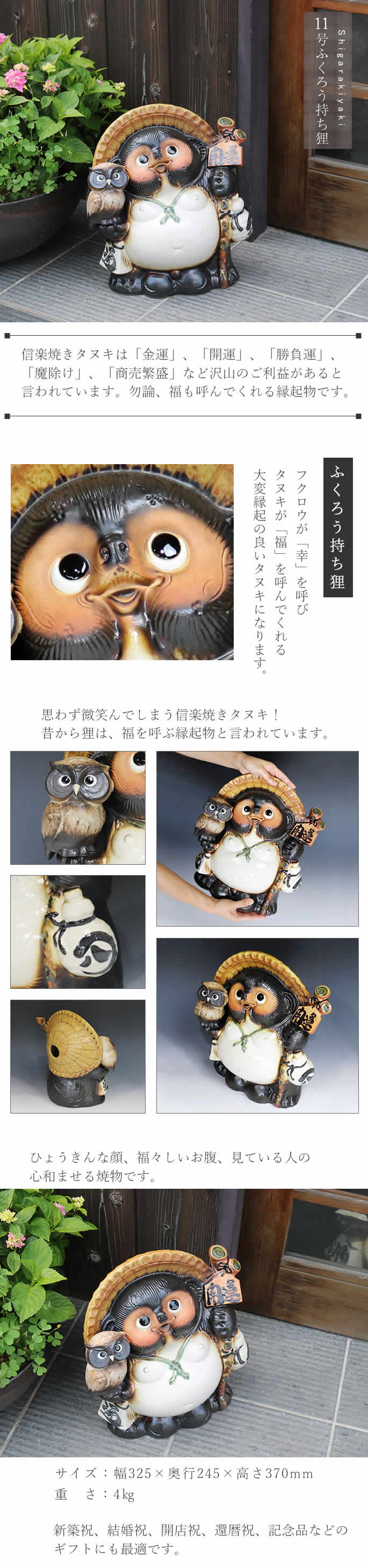 信楽焼 11号ふくろう持ち開運狸 たぬき タヌキ 狸 開運 縁起物 可愛い