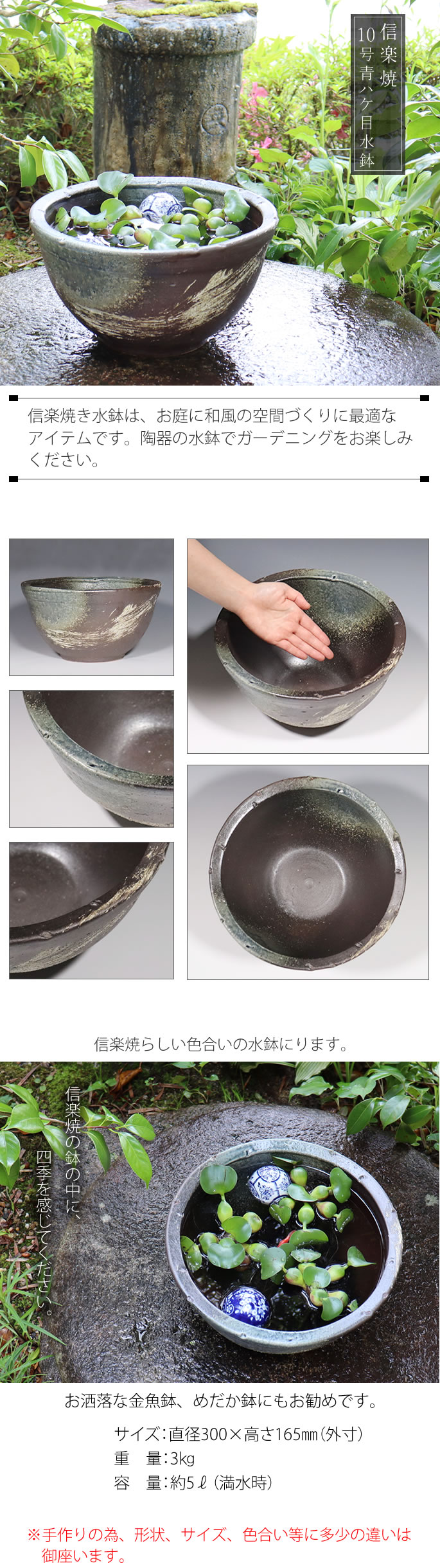 信楽焼 睡蓮鉢 メダカ鉢 おしゃれ めだか鉢 陶器 水鉢 ビオトープ